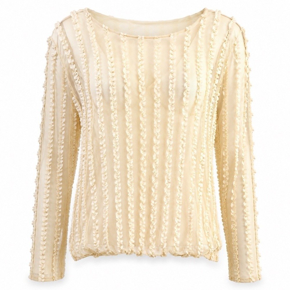 Nordstrom Encore 2X Cream Sheer Mesh Ruffle Stripe Long Sleeve Blouse Plus Size